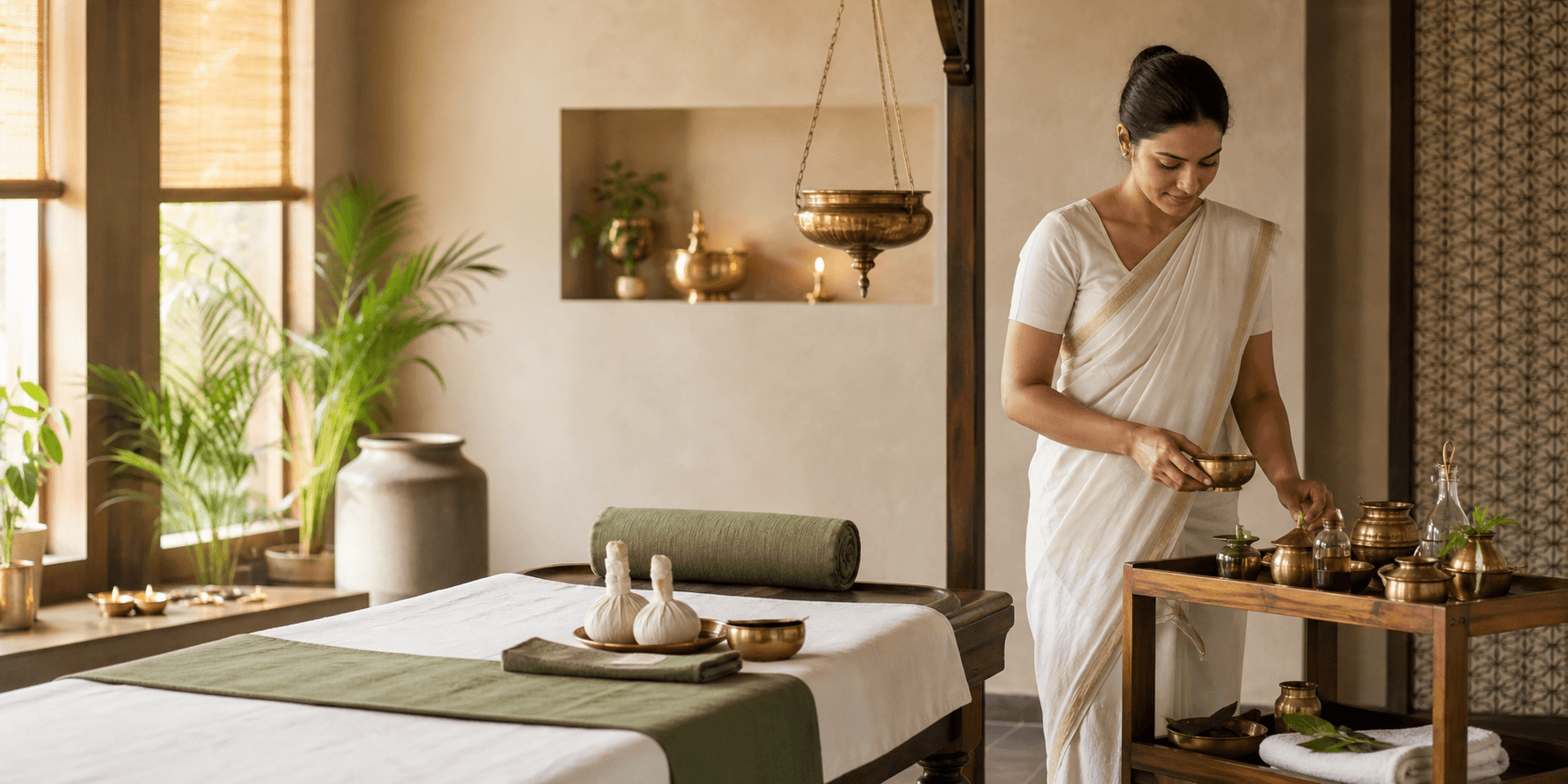 A serene healing room prepared for Ayurveda care