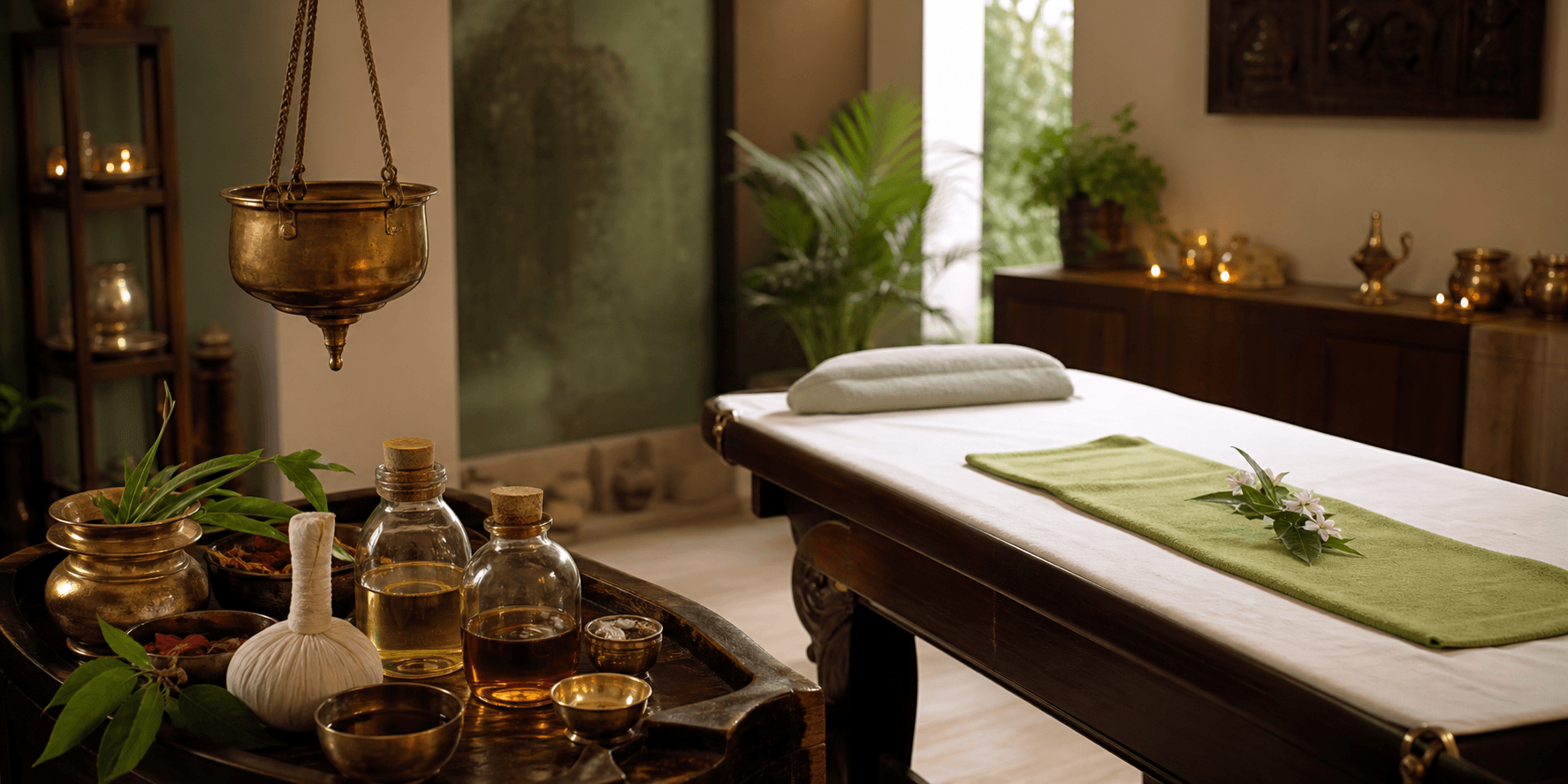 A calming Panchakarma treatment room with herbal oils and therapy bed