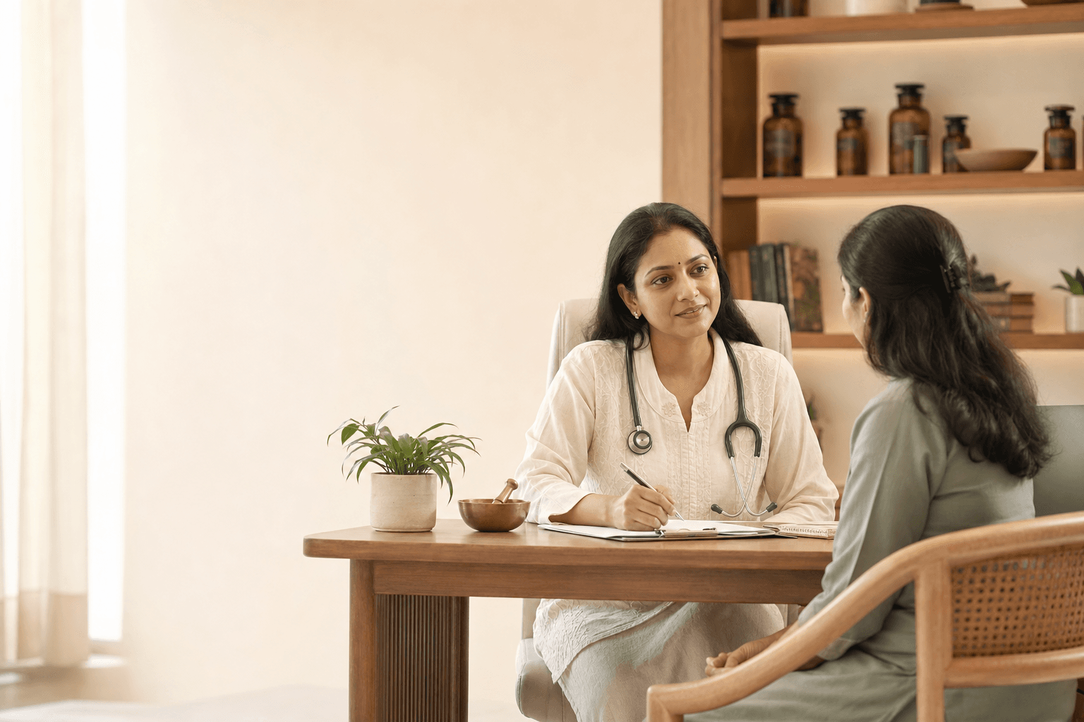 An Ayurveda doctor listening to a patient during a consultation
